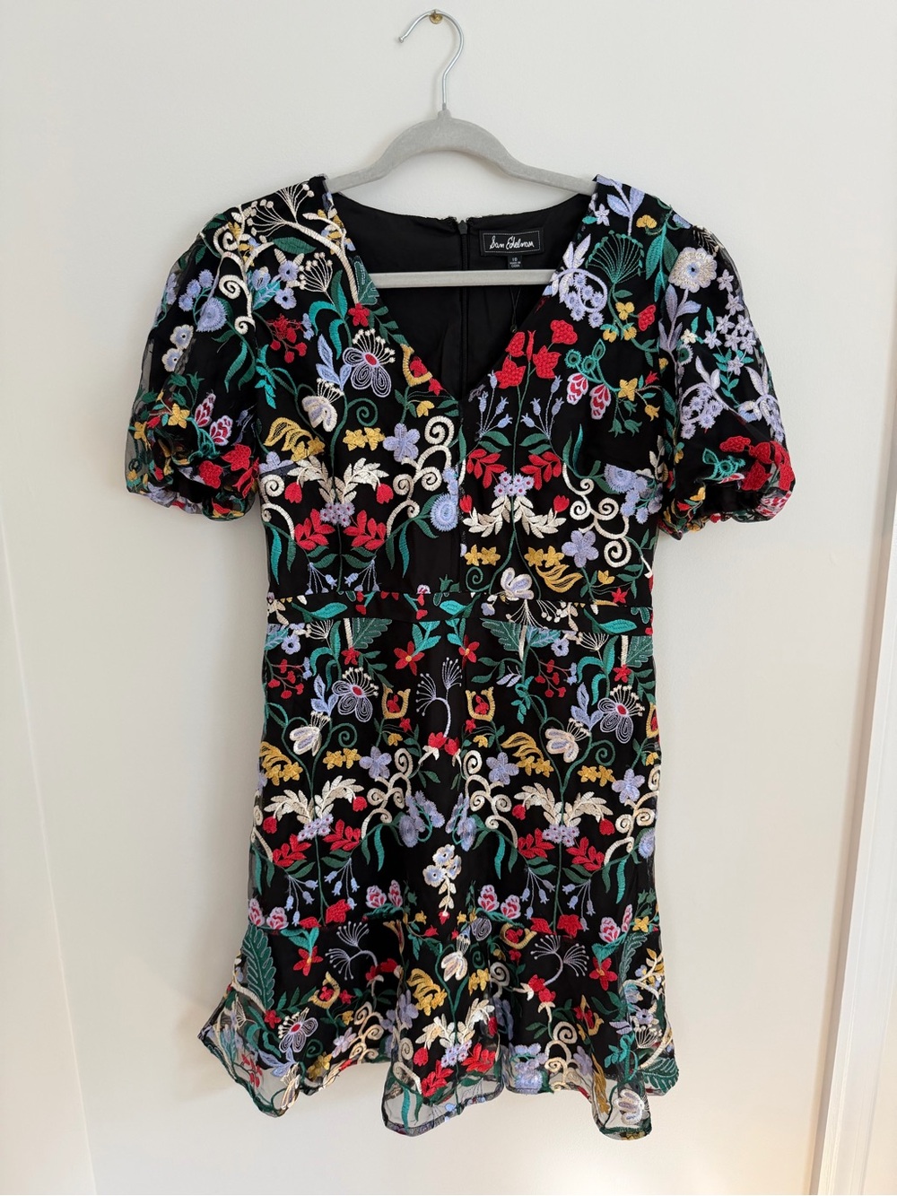Sam Edelman Black Floral Embroidered Puff-Sleeve Mini Dress